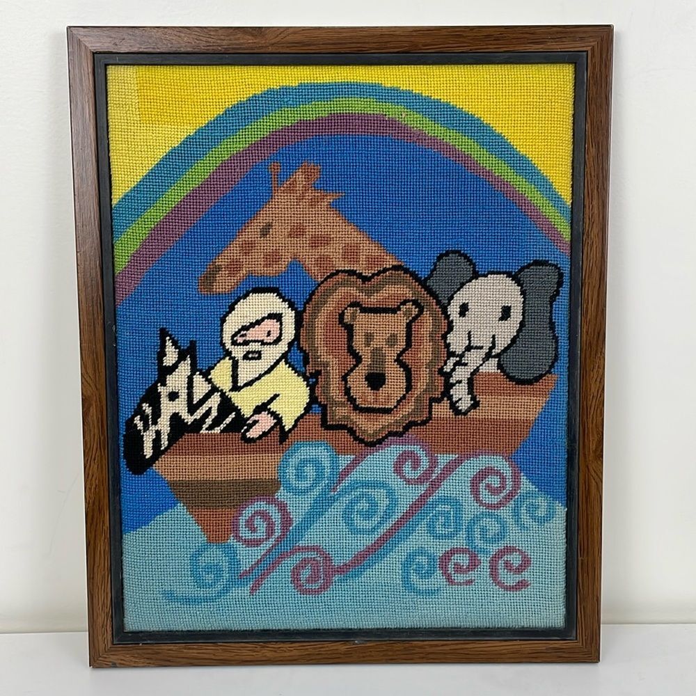 Homemade VTG Noah’s Ark Crewel 15x18” Wooden Frame